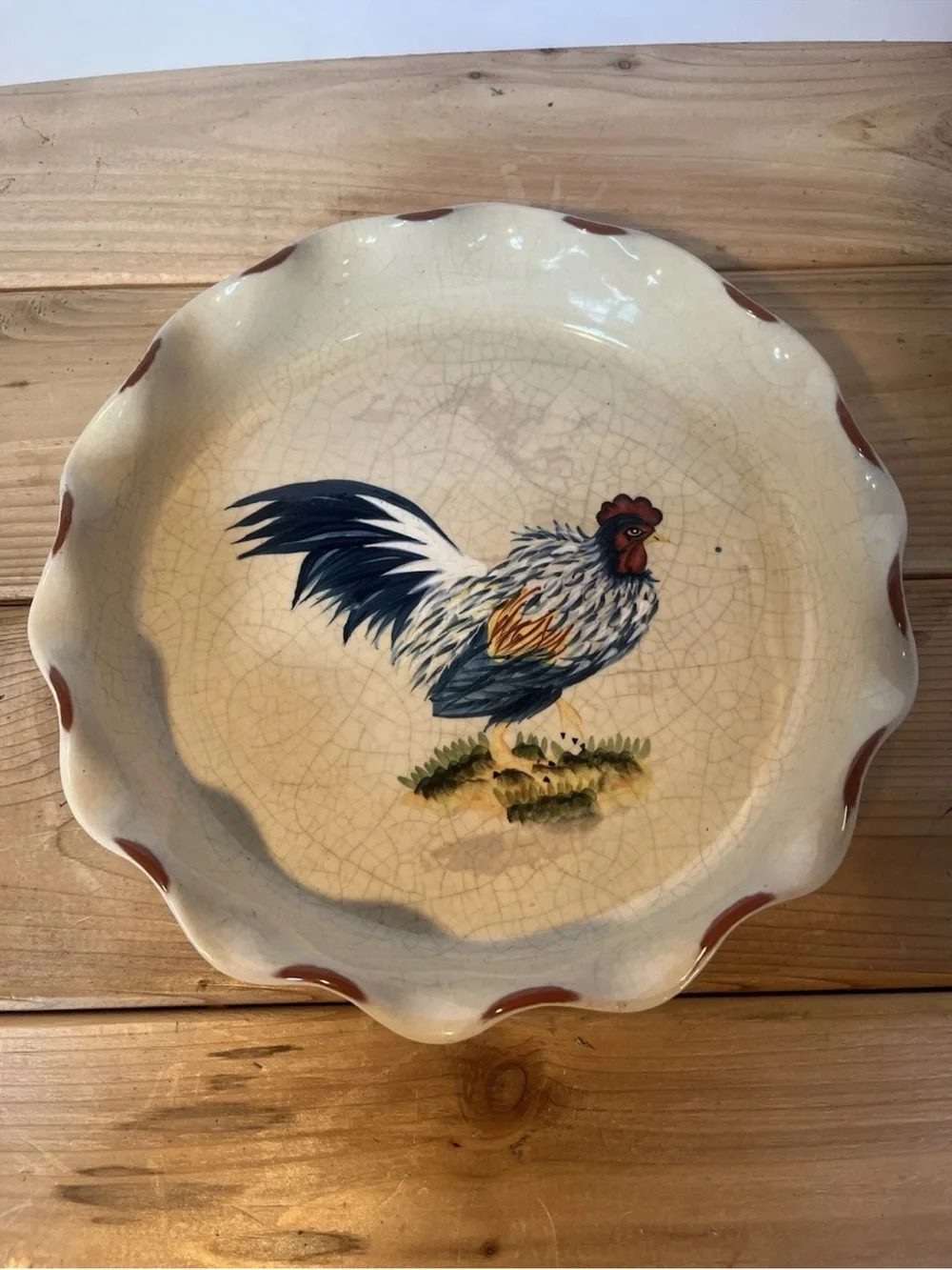 Rooster Pie Plate Dish 10” Scalloped Edge Farmhouse Cottage Core Rustic